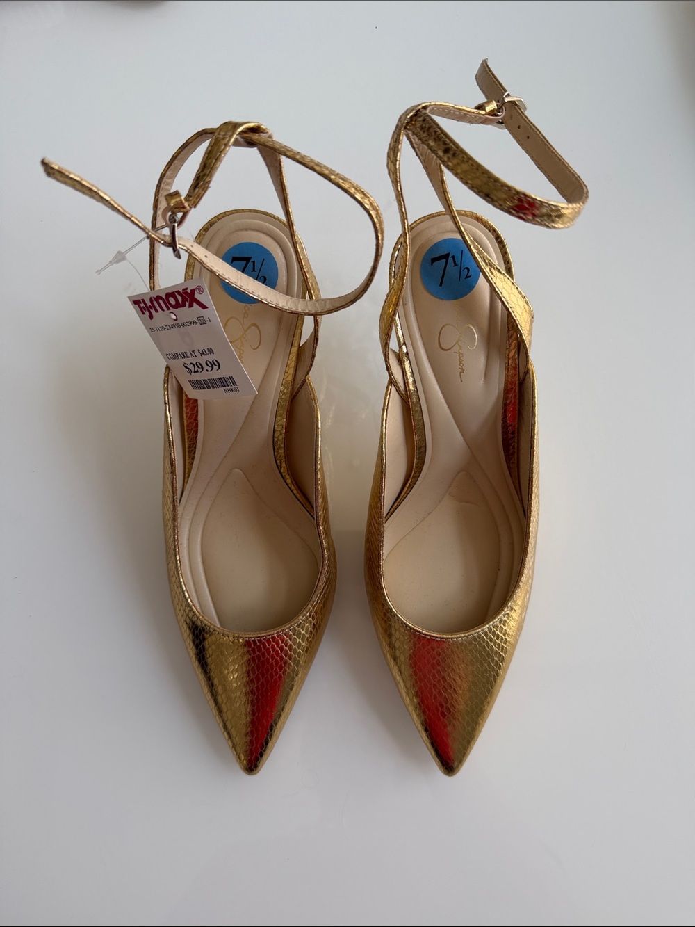 Jessica Simpson Metallic Gold Pointed Toe Ankle Strap Heels